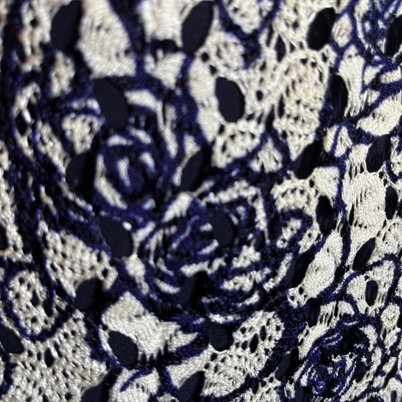 REISS Size 6 Ralli Sheath Dress Lace Allover Stretch Blue White Ruched Waist - Picture 11 of 16